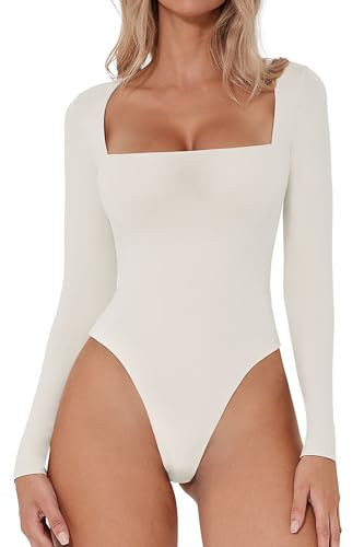 QINSEN Square Neck Long Sleeve Bodysuit for Women Double Lined Body-hugging Sexy Tops Splashed White M | Amazon (US)