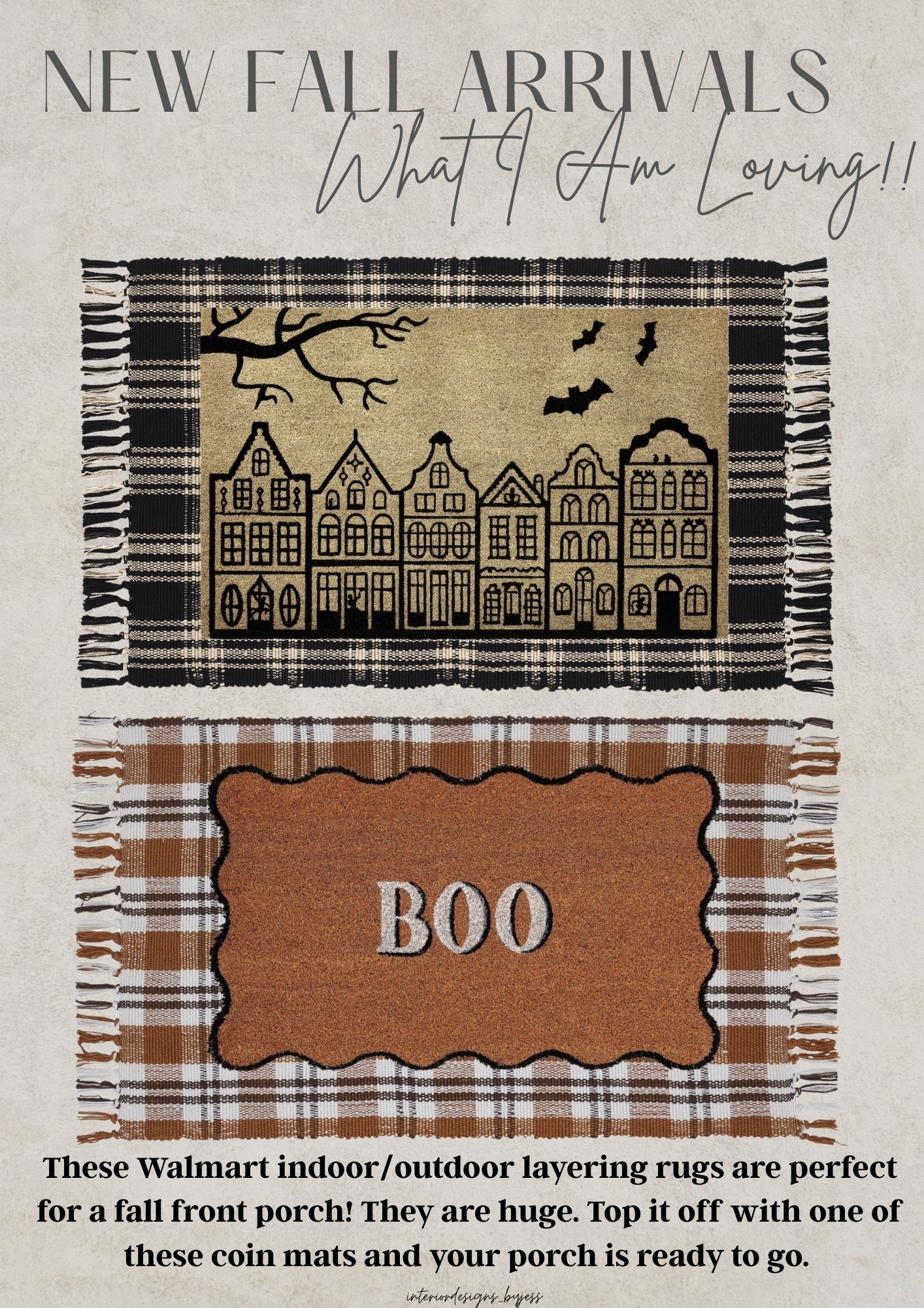 These Walmart fall finds are perfect for a fall front porch! I purchased the black layering rug so that I can use it effortlessly year round and also purchased the boo coin mat for $9.99 for that spooky season touch!

#LTKSeasonal #LTKHome #LTKdayinmylife