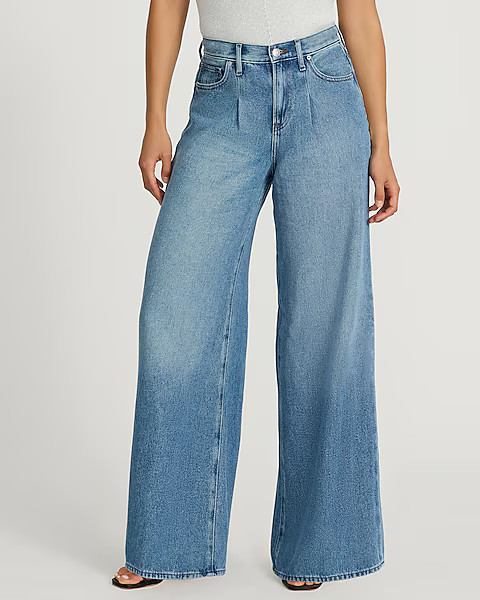 High Waisted Medium Wash Pleated Relaxed Wide Leg Jeans | Express