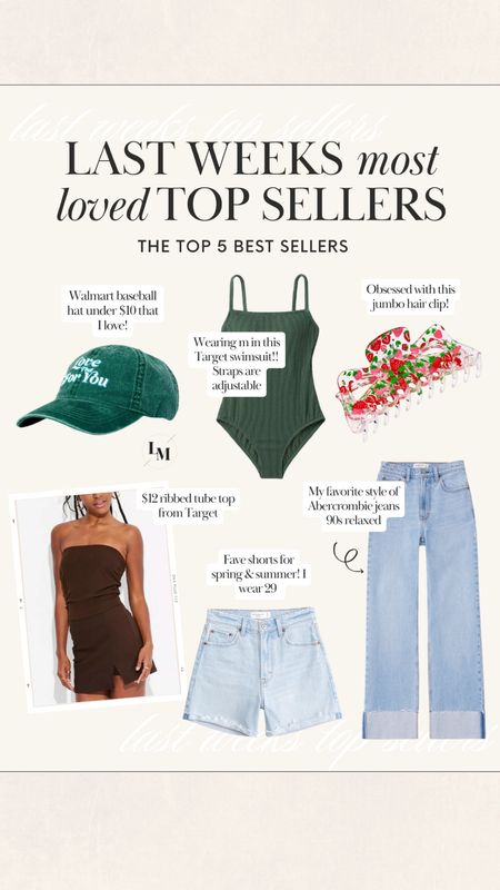 Last weeks most loved top sellers // jumbo hair clip / baseball hat / 90s relaxed jeans / tube top / dad shorts / one piece swimsuit

#LTKFindsUnder100 #LTKStyleTip #LTKFindsUnder50