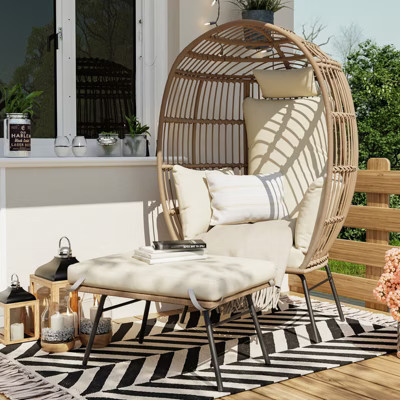 Wicker Egg Chair with Ottoman, Egg Basket Lounge Chair with Thick Cushion, Comfy Egg Rattan Seat for Indoor Outdoor Patio Porch Backyard,Begie | Target