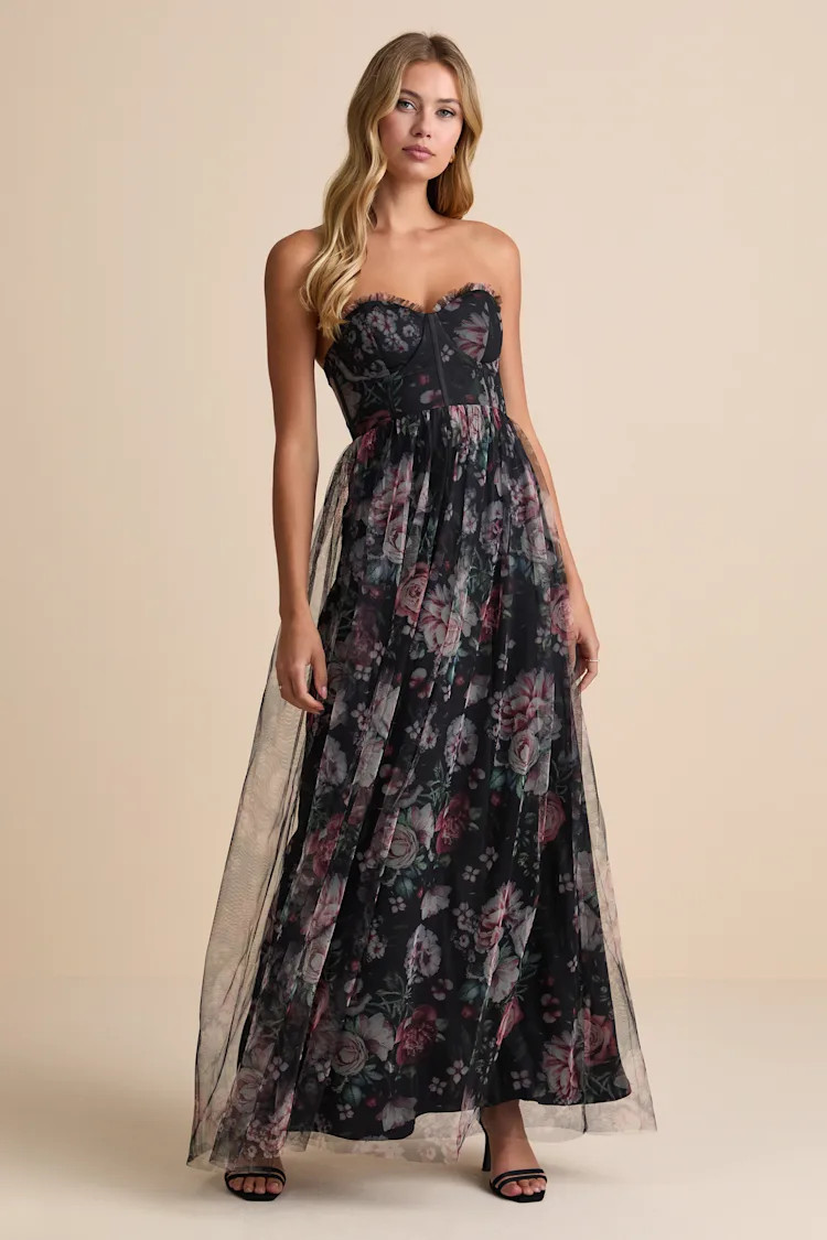 Stately Entrance Black Floral Mesh Strapless Maxi Dress | Lulus