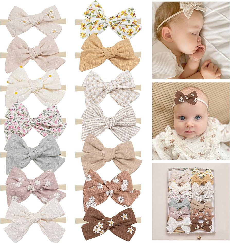 Fancy Clouds Baby Girl Bows and Headbands,14 pcs Stretchy Soft Nylon Hairbands Hair Bows for Newborns, Infants, Toddlers - Handmade Baby Hair Accessories for Girls Gifts | Amazon (US)