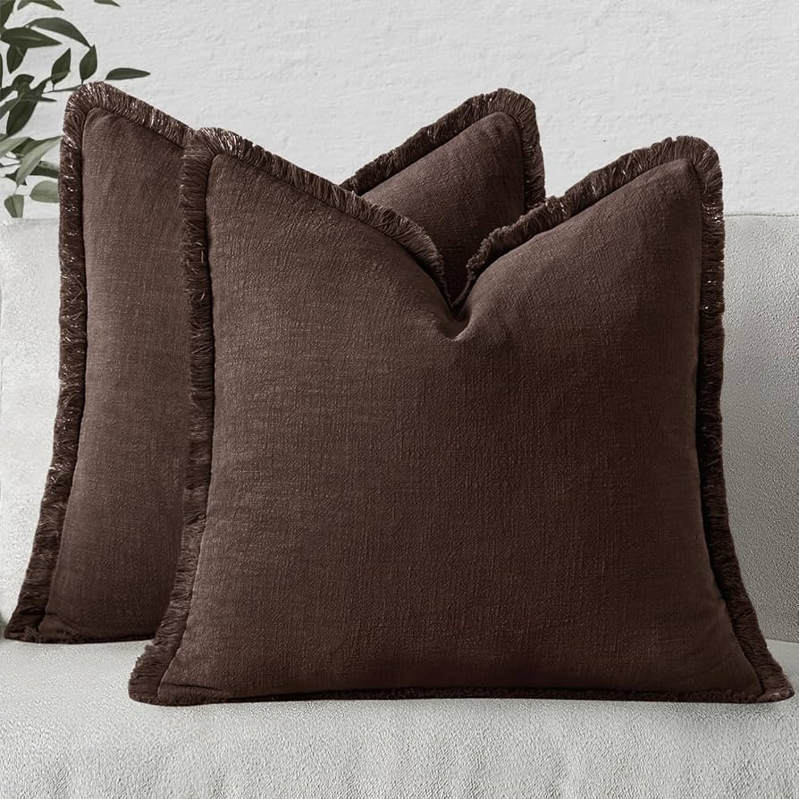 MIULEE Linen Fringe Decorative Fall Throw Pillow Covers Dark Brown 18x18 | Amazon (US)