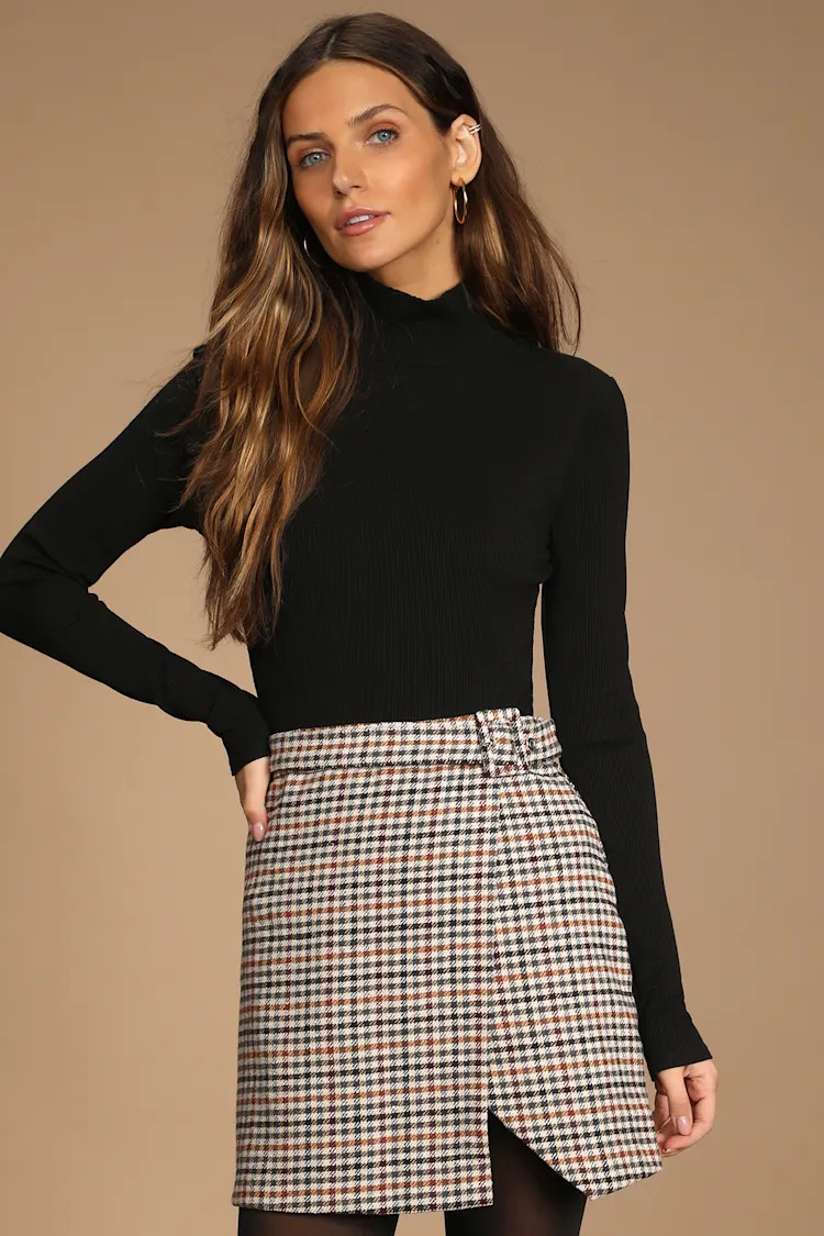 Harmless Banter Brown Multi Tweed Belted Mini Skirt | Lulus (US)