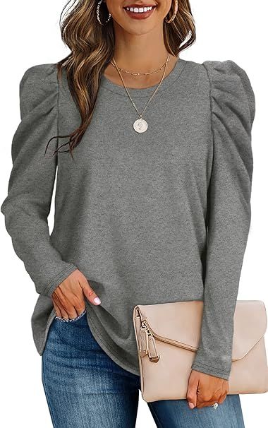 Womens Tunic Tops Puff Sleeve Crew Neck Long Sleeve Shirts Solid Color | Amazon (US)