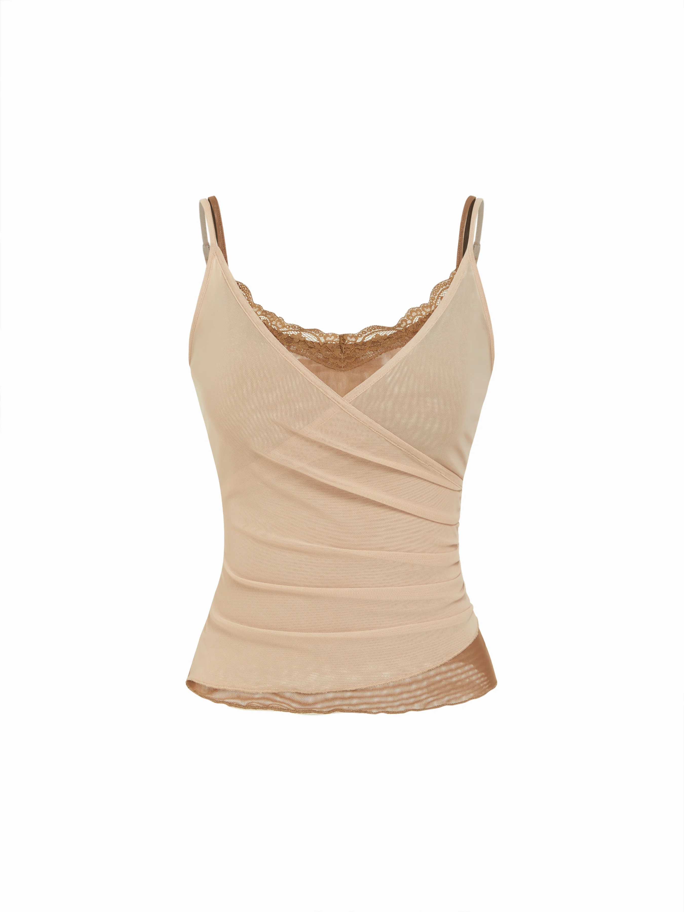 Mesh V-Neck Lace Panel Ruched Cami Top | Cider