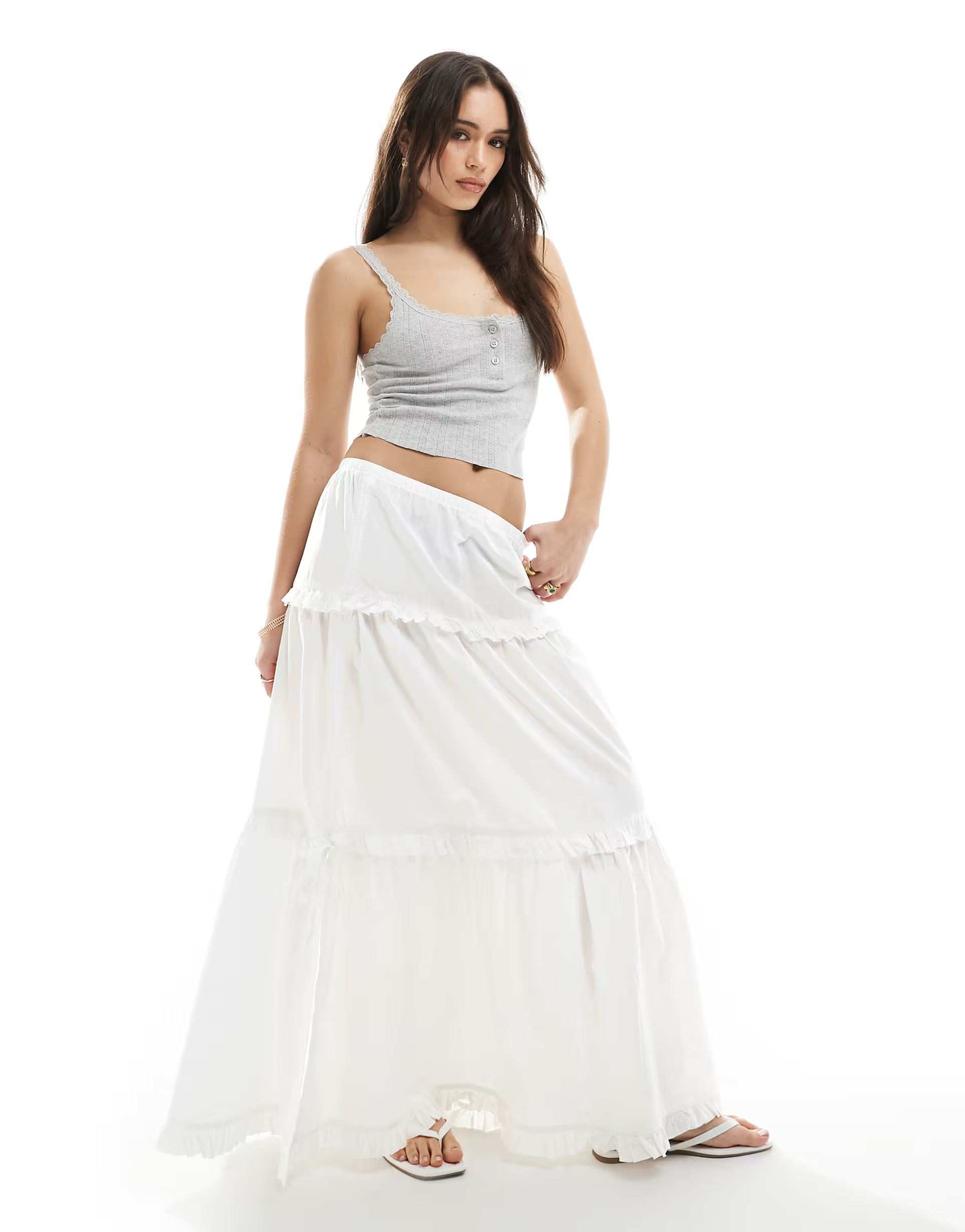 Monki tiered maxi skirt with ruffle detail in white | ASOS (Global)