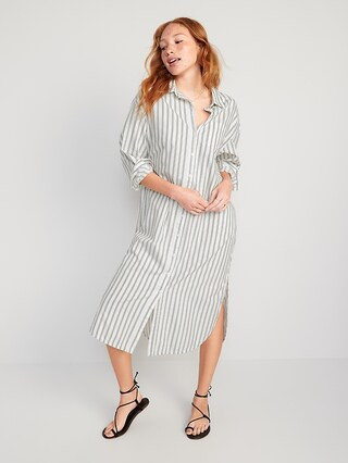 Long-Sleeve Striped Cotton-Poplin Midi Shirt Dress for Women | Old Navy (US)
