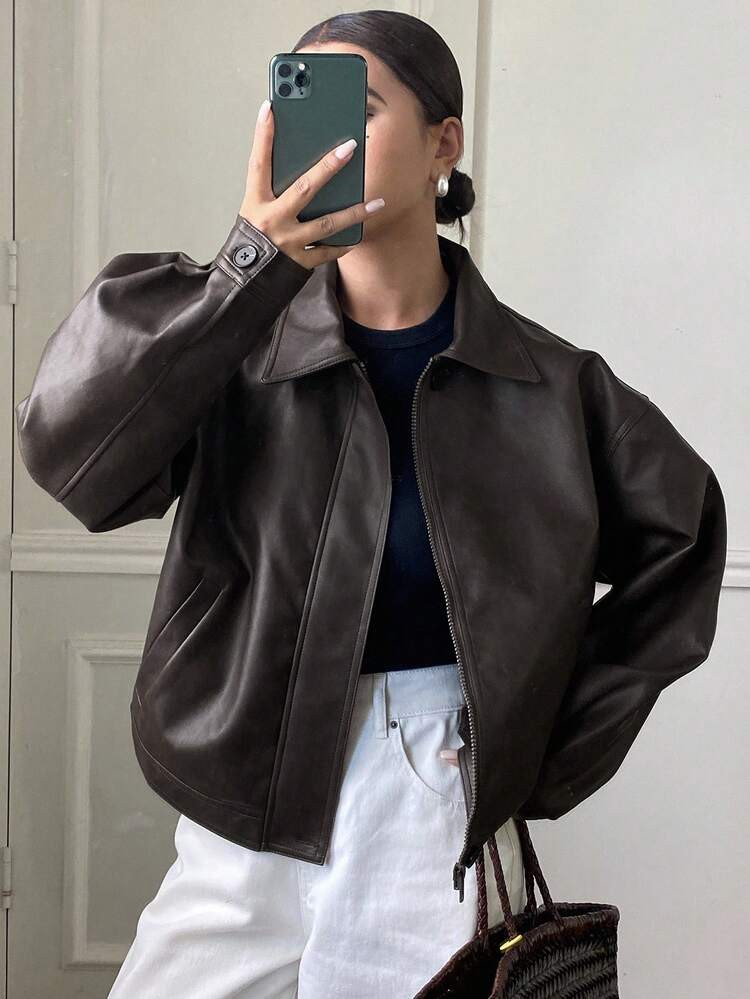 DAZY Autumn/Winter New Loose Casual Thick PU Women Regular Jacket Leather Jacket Women Coats | SHEIN