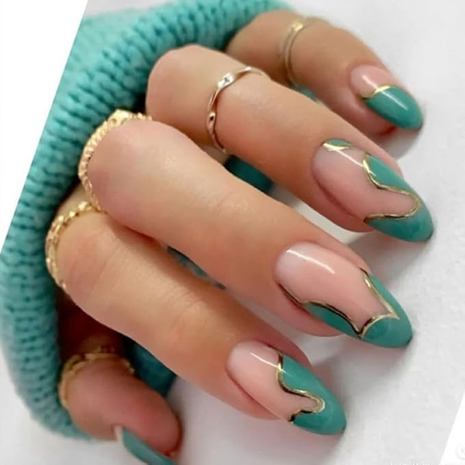 YoYoee French Short Press on Nails Cute Almond False Nails Acrylic Green Fake Nails Full Cover St... | Amazon (US)