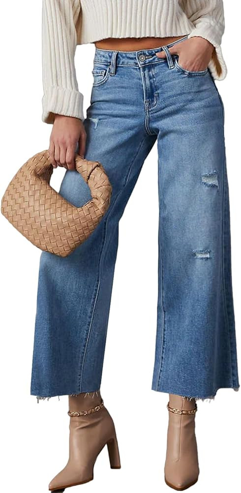 Allimy Women's High Waisted Straight Ankle Wide Leg Ripped Jeans Frayed Hem Stretchy Capri Denim ... | Amazon (US)