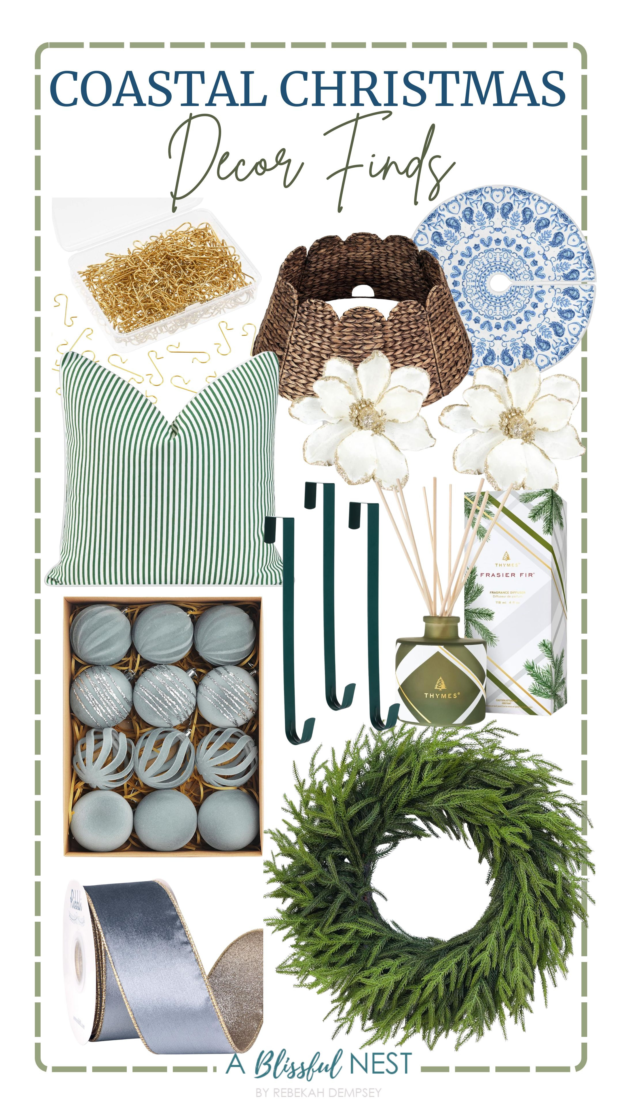 Cozy textures and coastal hues — the perfect holiday blend. Shop these beautiful finds!
Norfolk pine wreath, printed blue tree base cover, diffuser set, coastal patio lumbar pillow, glitter flower Christmas tree ornaments, dusty blue velvet ribbon, flocked velvet Christmas balls, ornament hooks, wreath hanger, wicker scalloped Christmas tree collar 

 #LTKHoliday #LTKHome #LTKFindsUnder100