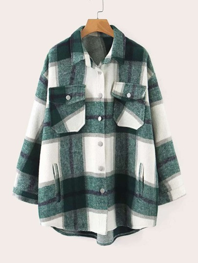 Curved Hem Pocket Plaid Button Through Coat | SHEIN