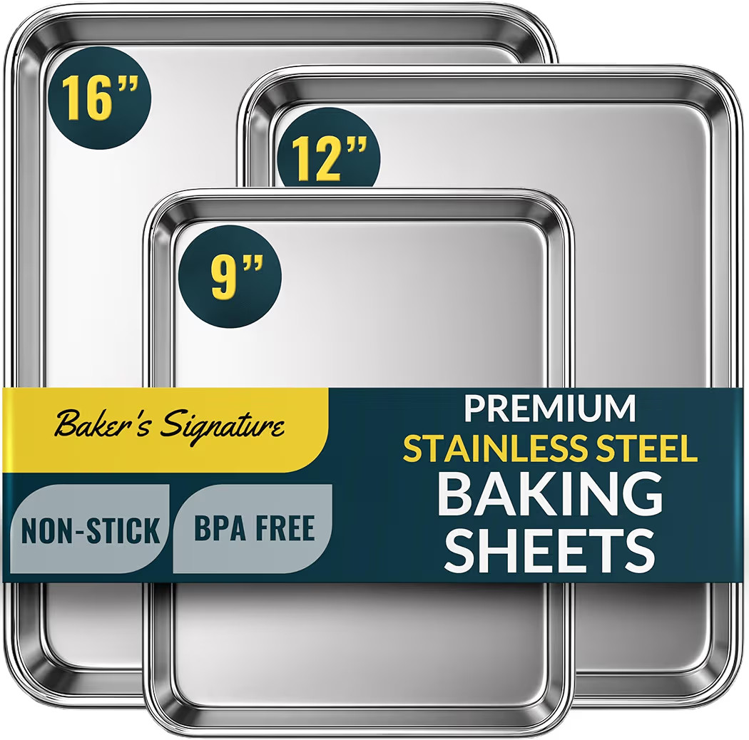 Baker’s Signature Stainless Steel Cookie Sheet Pan, Stainless Steel Baking Sheet Set of 3, Mirr... | Amazon (US)