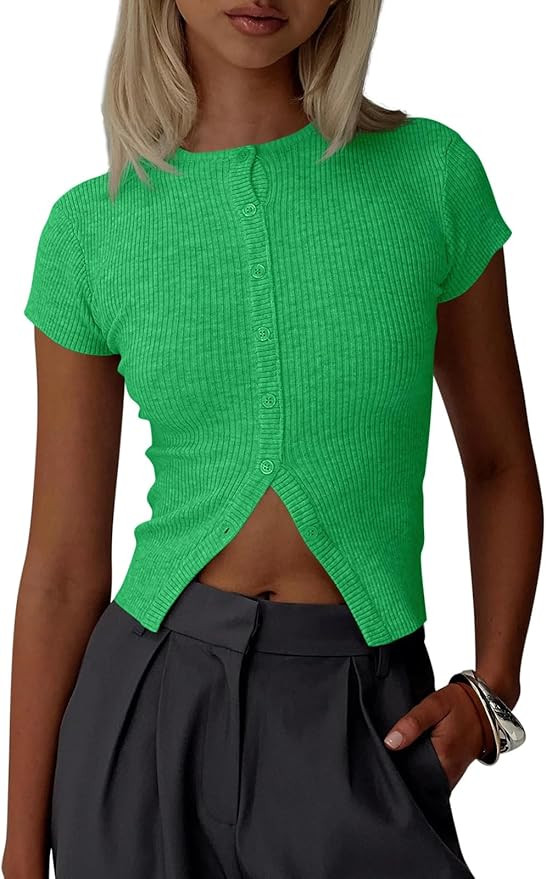 Imily Bela Womens Short Sleeve Sweater Tops Summer Button Down Casual Ribbed Knit Slim Fit Croppe... | Amazon (US)
