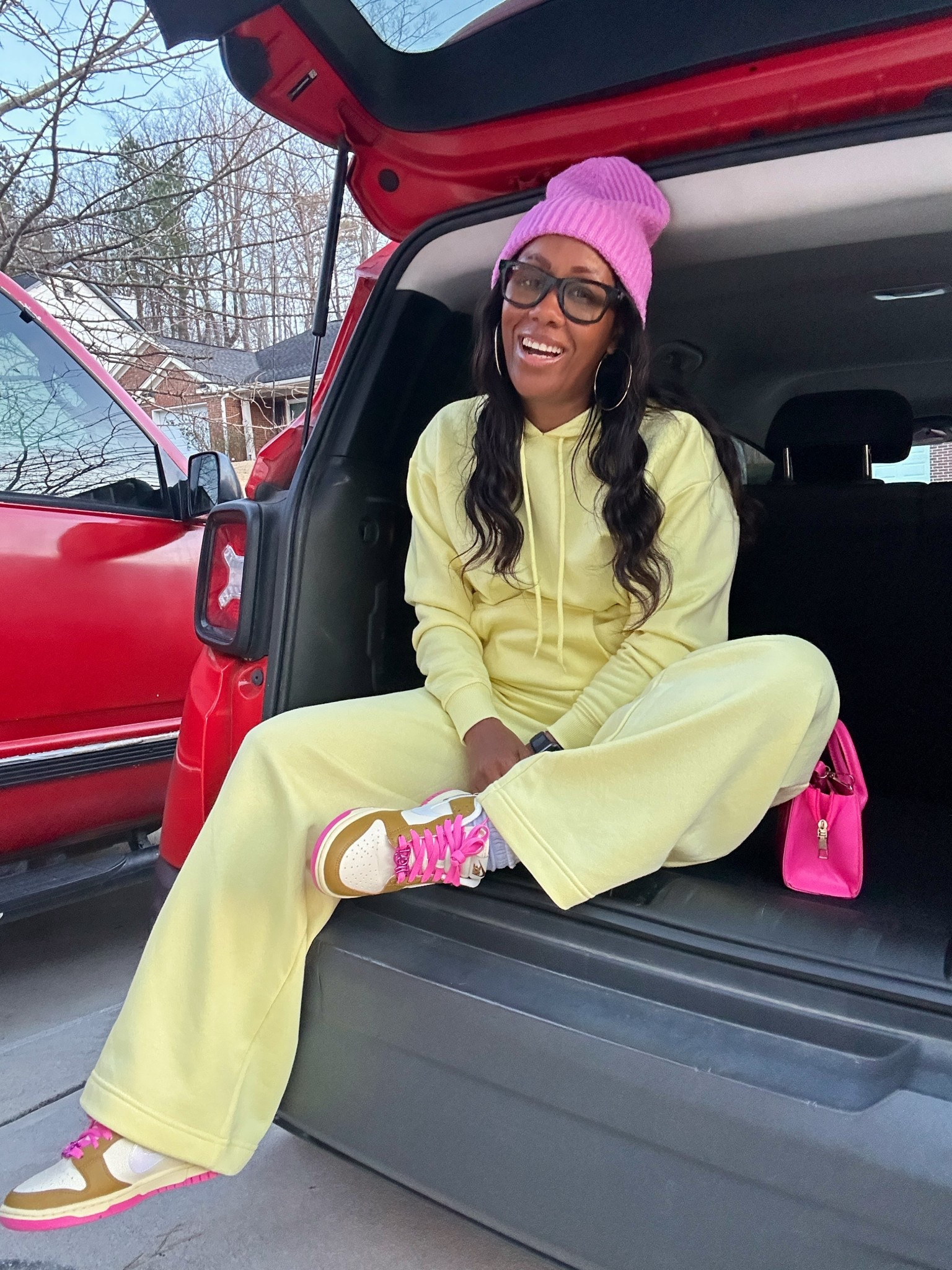 Yellow hoodie and wide leg fleece pants styled with a pink beanie, pink purse, and Nike dunk low sneakers 

#LTKFindsUnder50 #LTKFindsUnder100 #LTKootd