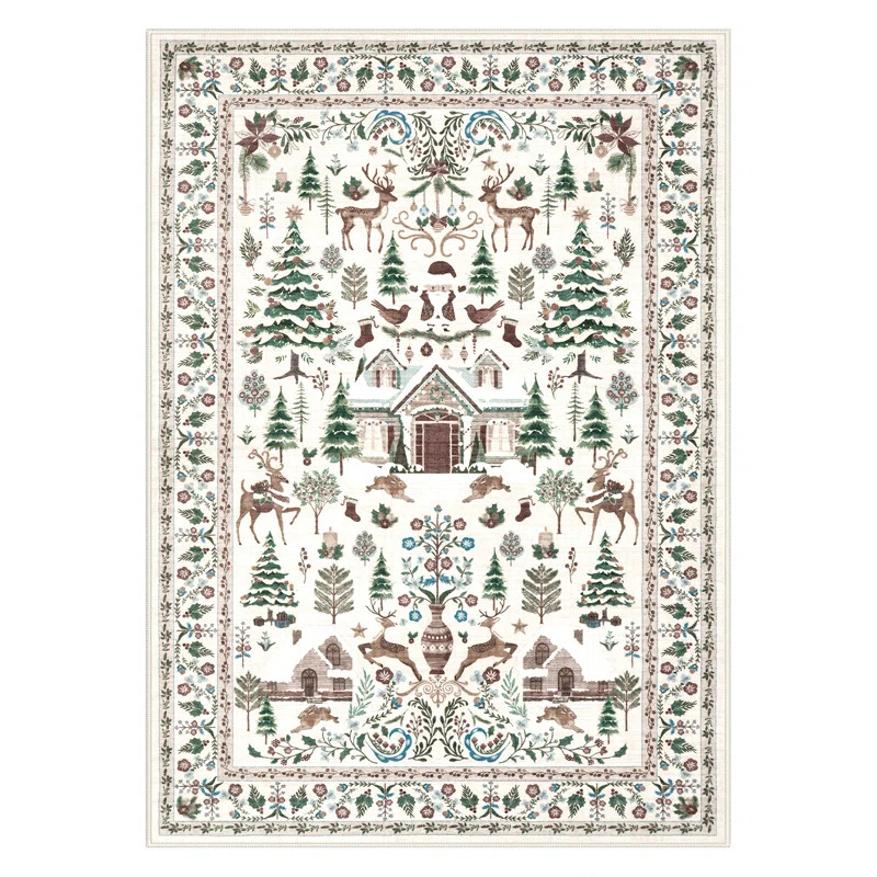 Christmas World Full-Coverage Rug Festive Non-Slip Holiday Carpet Washable Rug Xmas Decor Throw M... | Wayfair North America