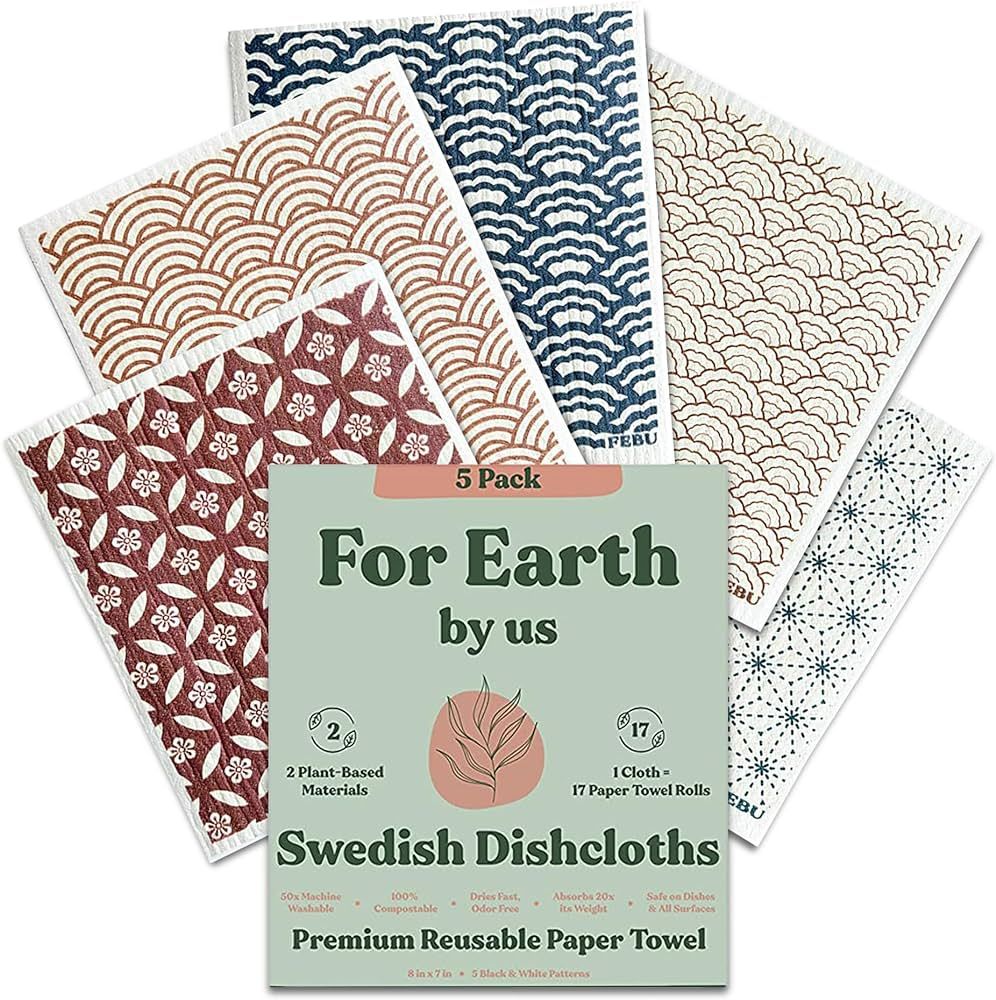 FEBU Swedish Dishcloths for Kitchen | 5 Pack Eastern Swedish Dish Towels | Cellulose Sponge Cloth... | Amazon (US)