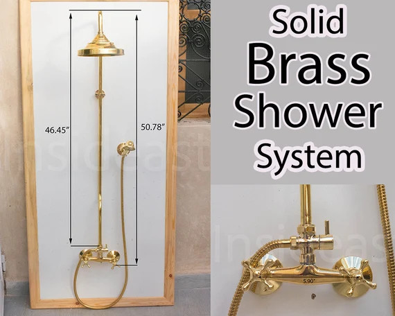 Unlacquered Brass Shower System, Handheld Shower And Shower Head Combo, Exposed Pipe | Etsy (US)