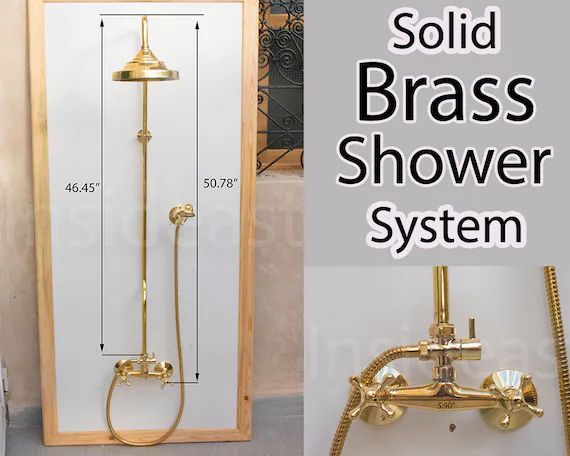 Unlacquered Brass Shower System, Handheld Shower And Shower Head Combo, Exposed Pipe | Etsy (US)