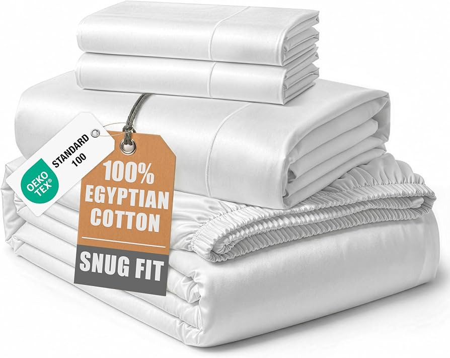LANE LINEN 100% Egyptian Cotton Sheets King Size Silky Sateen Weave - White | Amazon (US)