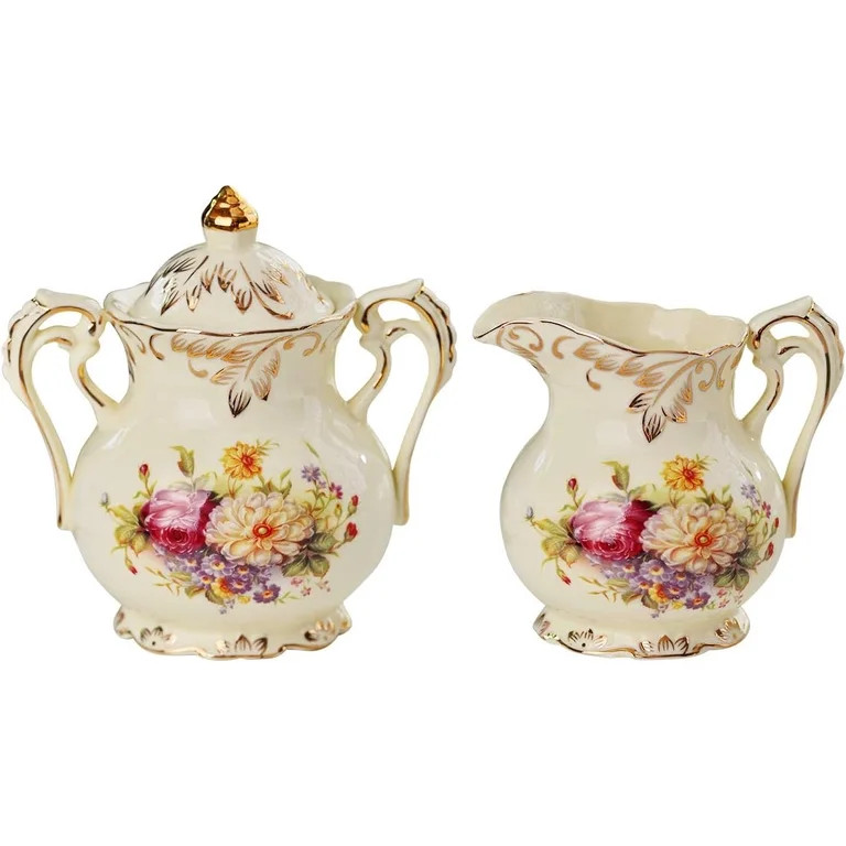 GBBG Ceramic Sugar and Creamer Set, Vintage Ivory Flowering Shrubs Golden Leaves Edge Porcelain C... | Walmart (US)
