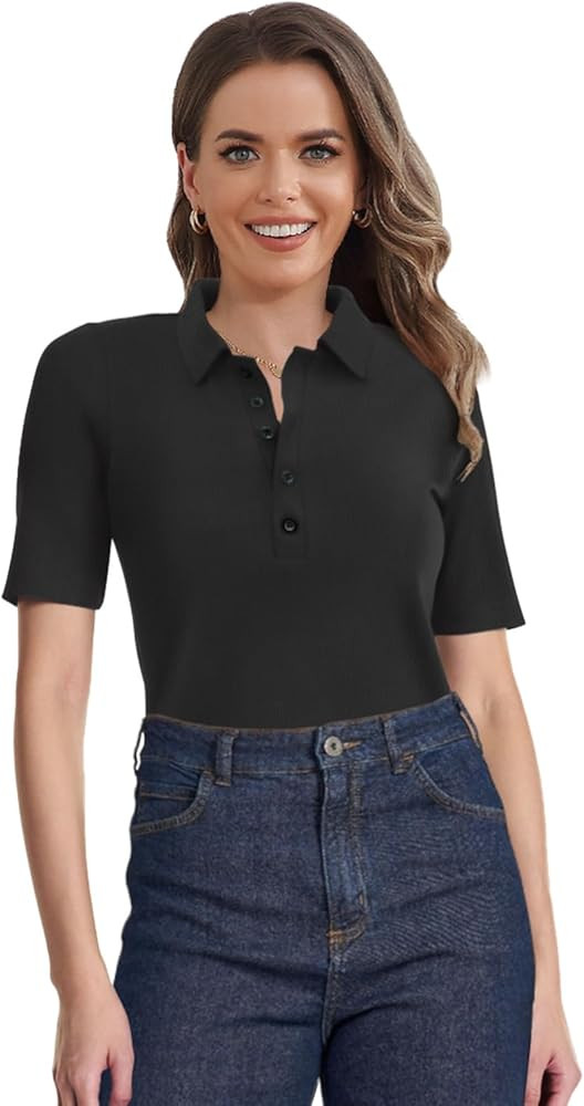 SuperPrity Women's Dressy Casual Tops V Neck Business Work Blouses Button Down Stretch Ribbed Sho... | Amazon (US)