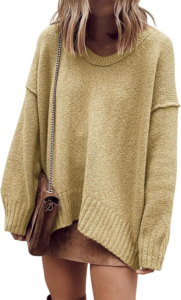 Women's Oversized Long Sleeve V Neck Off The Shoulder Baggy Comfy Knit Pullover Sweaters | Amazon (US)