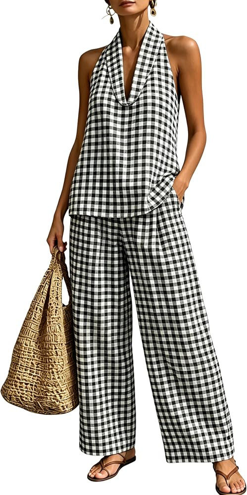 Women's Summer Gingham 2 Piece Set Halter Neck Sleeveless Top High Waist Pants Casual Cotton Outf... | Amazon (US)