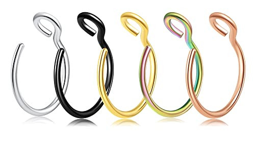 VELCARE 5 Pcs Fake Nose Ring Nose Rings Hoops 20 Gauge Non Piercing Stainless Steel Clip-on Fake Septum Nose Hoop Ring Studs Earrings Piercings for Women Men Faux Lip Rings | Amazon (US)