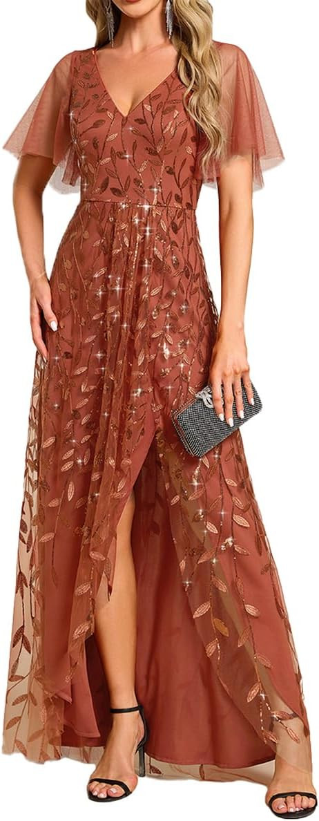 Ever-Pretty Women's Shimmery Formal Dress V Neck Sequins A-Line Side Slit Elegant Long Evening Dresses 02083 | Amazon (US)