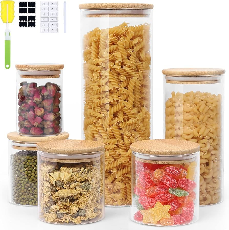 Glass Jars Set, 0.3/0.5/1/2.1L of 6 Pack Glass Jars with Bamboo Lids and Labels, Airtight Food St... | Amazon (US)
