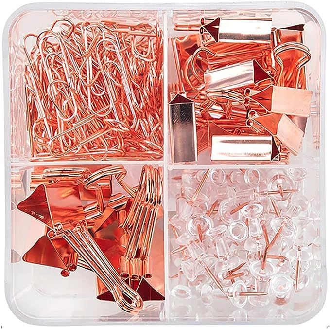 Binder Clips Paper Clips Push Pins Sets with Box for Office,School and Home Supplies (Rose Gold) | Amazon (US)