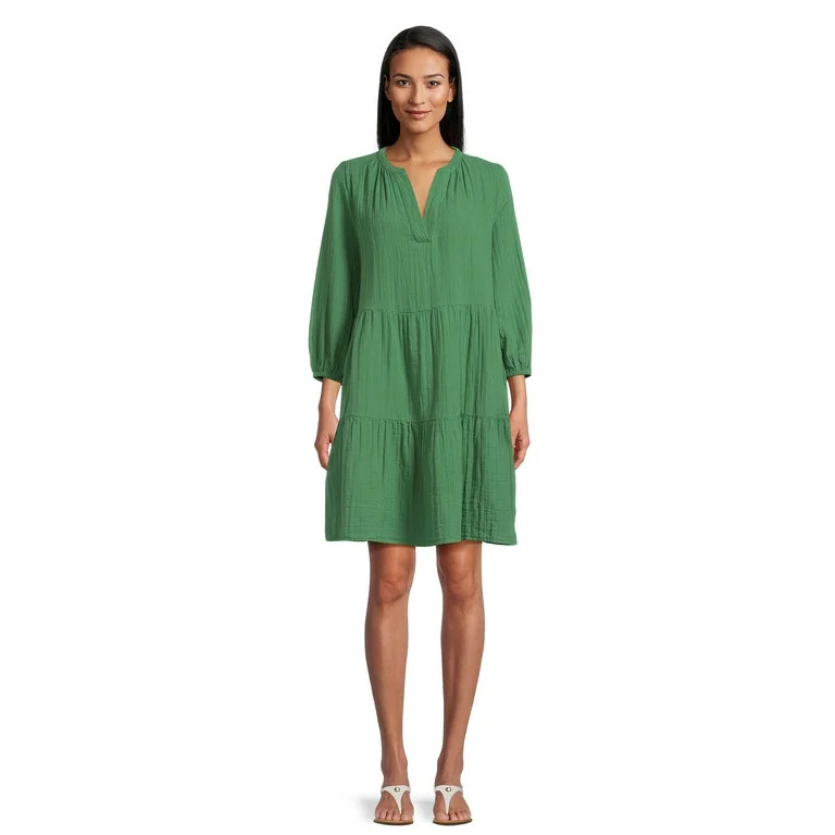 Time and Tru Women's Long Sleeve Tiered Double Cloth Dress, Sizes XS-XXXL | Walmart (US)