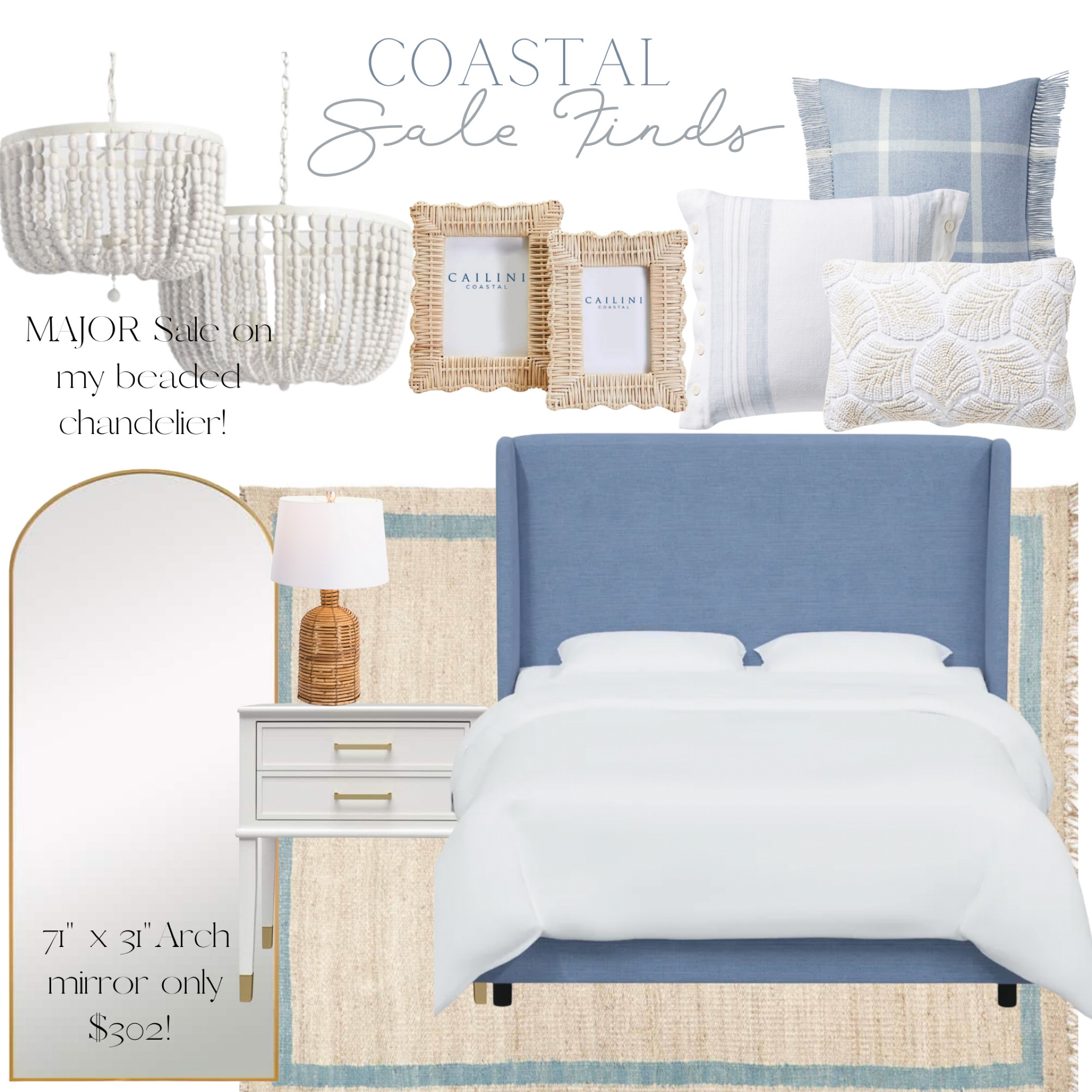 Coastal home decor, coastal furniture, blue throw pillow, pillow cover, dining chair, ruffle mirror, scallop mirror, flushmount, side table, white vase, tray, blue rug, rattan, blue and white

#LTKhome #LTKsalealert #LTKunder100