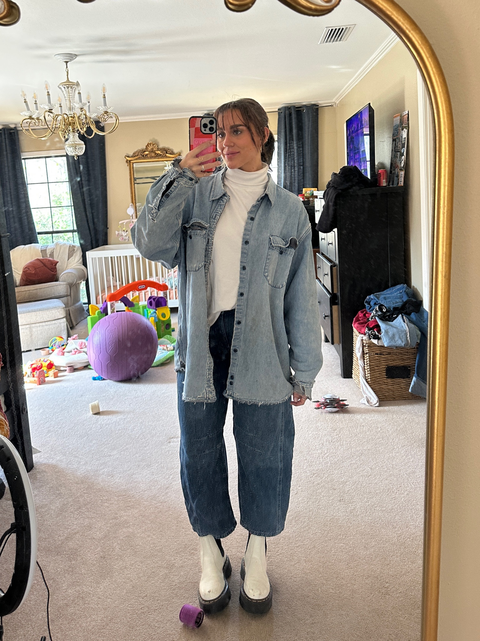 my denim button up if thrifted, can’t find a close match:( 