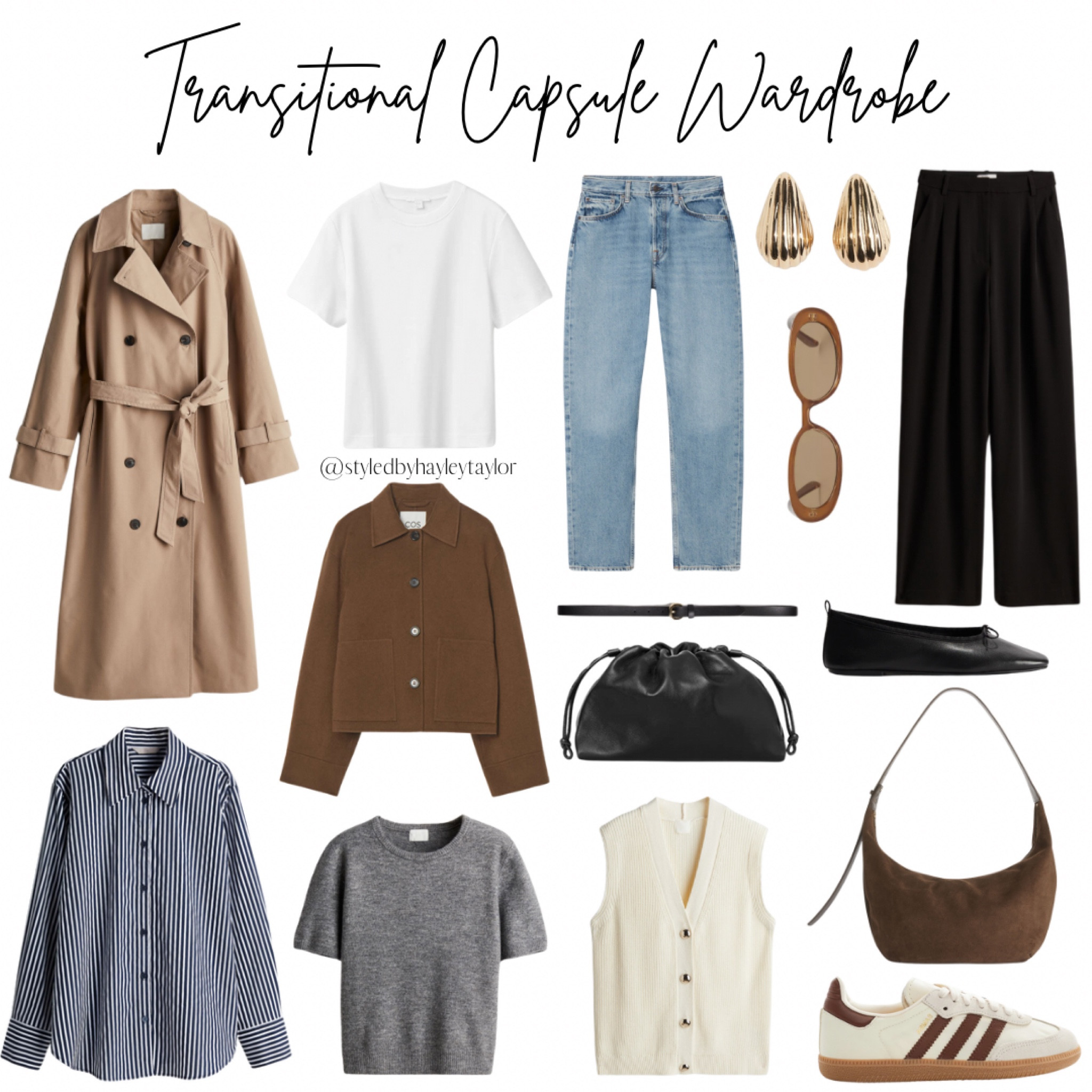Transitional Capsule Wardrobe 🫶 trench coat, short jacket, stripe shirt, short sleeved knit jumper, knitted vest, white T-shirt, blue jeans, black wide leg trousers, black bag,  brown bag, black ballet flats, trainers, black slim belt, gold earrings, sunglasses #FashionWeek

#LTKstyletip #LTKautumn