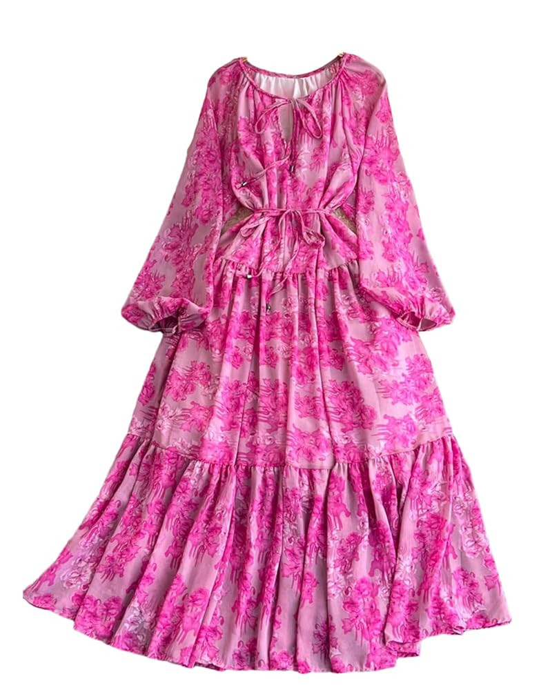 Women Floral Printed Long Dress Crew Neck Puff Sleeve Ruffle Hem A-Line Maxi Vestidos | Amazon (US)