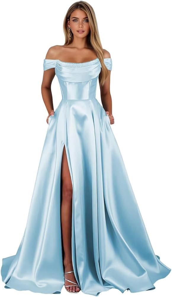 BITALY Womens Off Shoulder Satin Prom Dresses with Slit 2025 A Line Formal Ball Gowns with Pocket... | Amazon (US)