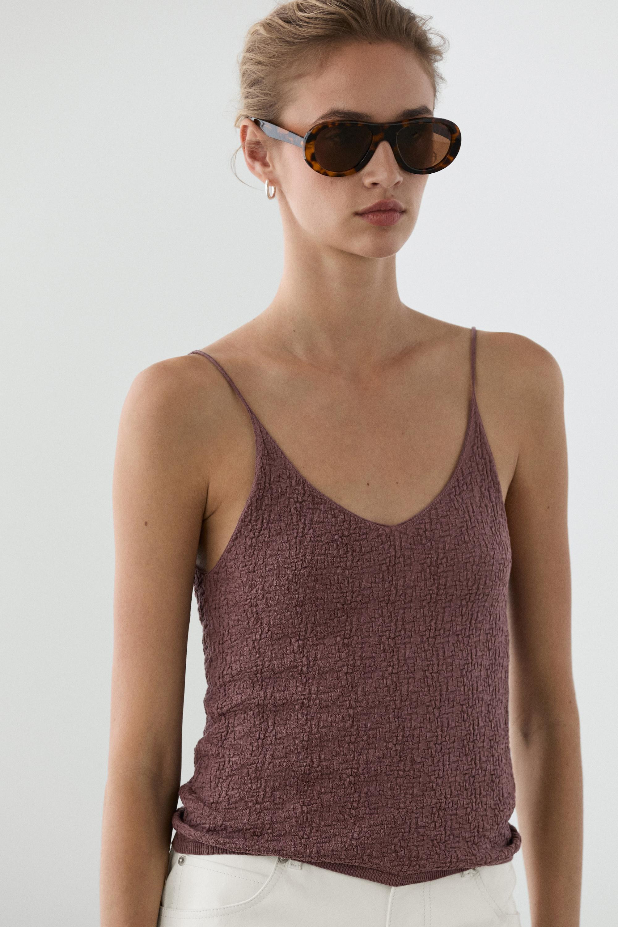100% cotton textured strappy top | Massimo Dutti US