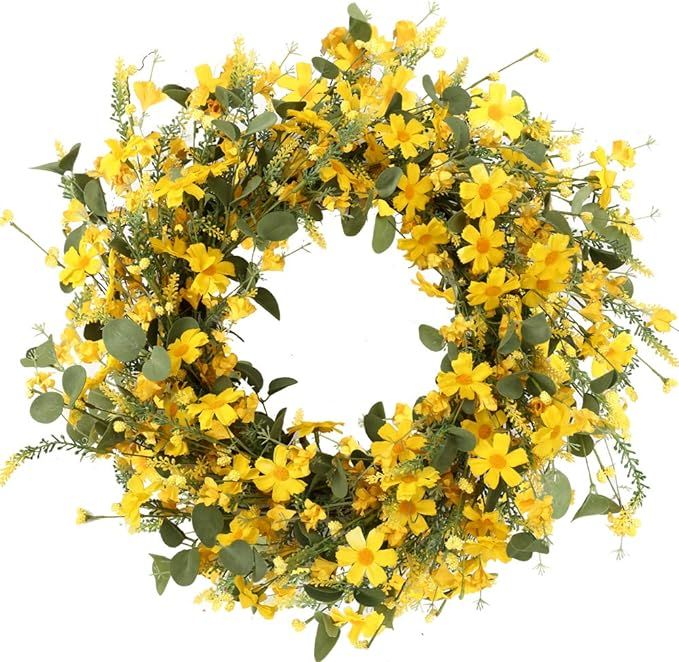 J'FLORU Decor Wreath，Yellow Daisy Wreath，22 inches，Spring and Summer Wreath for Outdoor Or ... | Amazon (US)