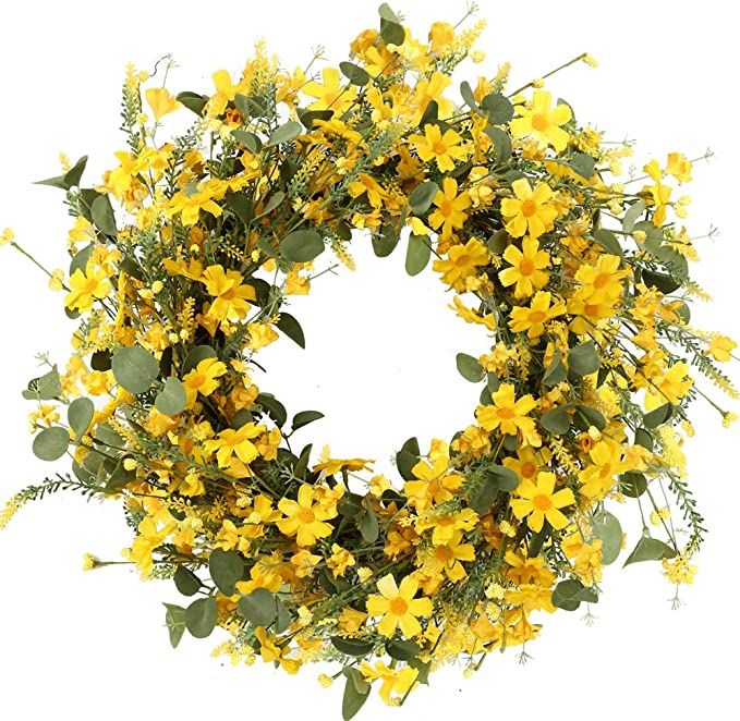 Decor Wreath，Yellow Daisy Wreath，22 inches，Spring and Summer Wreath for Outdoor Or Home Dec... | Amazon (US)