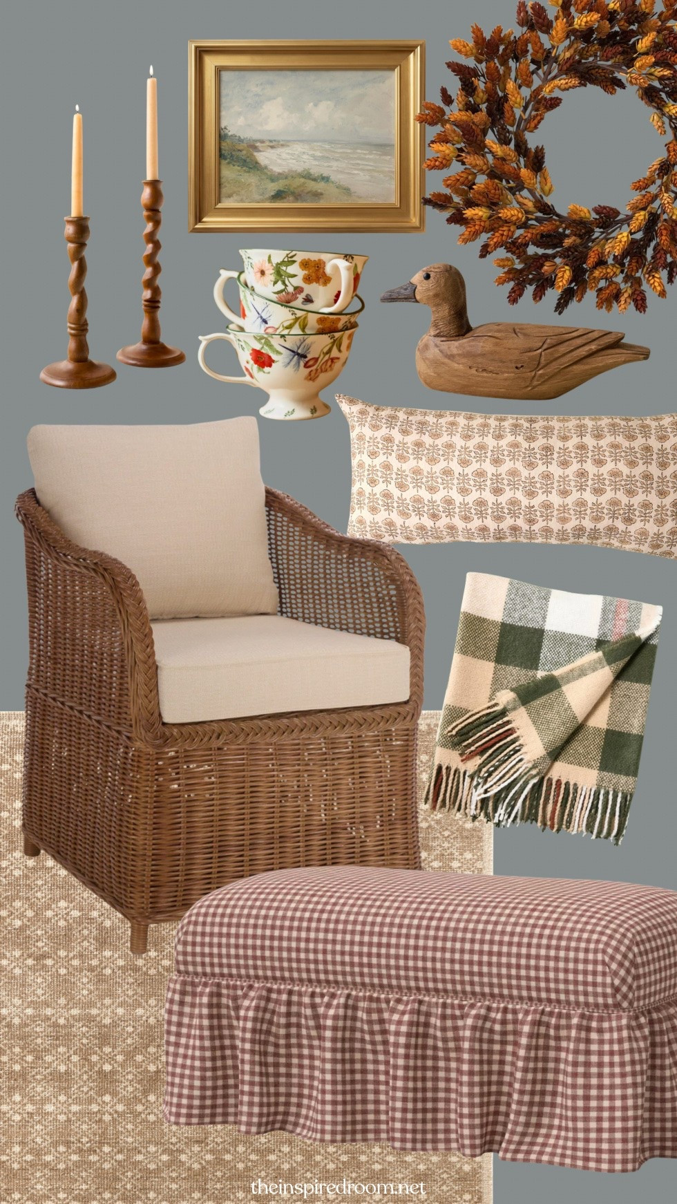Cozy fall mood board - wicker chair, gingham ruffled bench, wood duck, spiral wood taper candleholders, autumn wreath, plaid throw blanket, mugs, rug I have in my living room, block print lumbar pillow, art

#LTKSaleAlert #LTKHome #LTKSeasonal