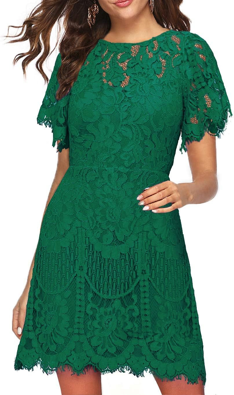 MSLG Women's Elegant Round Neck V-Back Wedding Guest Floral Lace Cocktail Party A Line Dress 910 | Amazon (US)