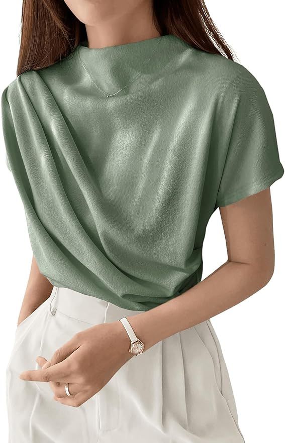 SweatyRocks Women's Casual Short Sleeve Mock Neck Tee Top Asymmetric Ruched Plain T Shirt | Amazon (US)