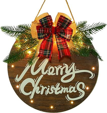 Davsolly Merry Christmas Welcome Door Sign Led Light Up Christmas Wreath Wooden with Plaid Bow fo... | Amazon (US)