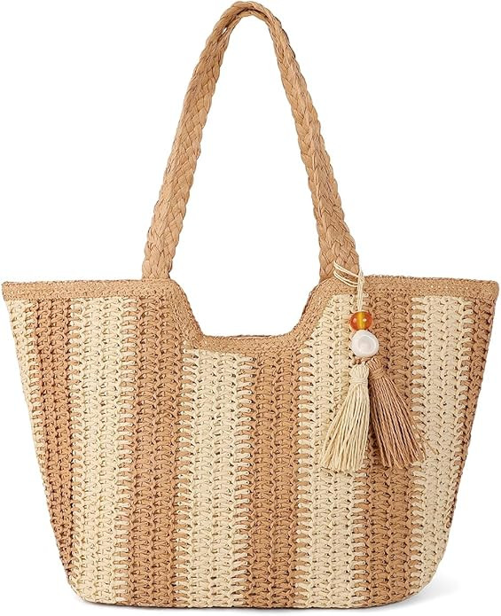 Women Tassel Straw Beach Bag Large Summer Straw Tote Bag Vocation Woven Bag Travel Straw Shoulder... | Amazon (US)
