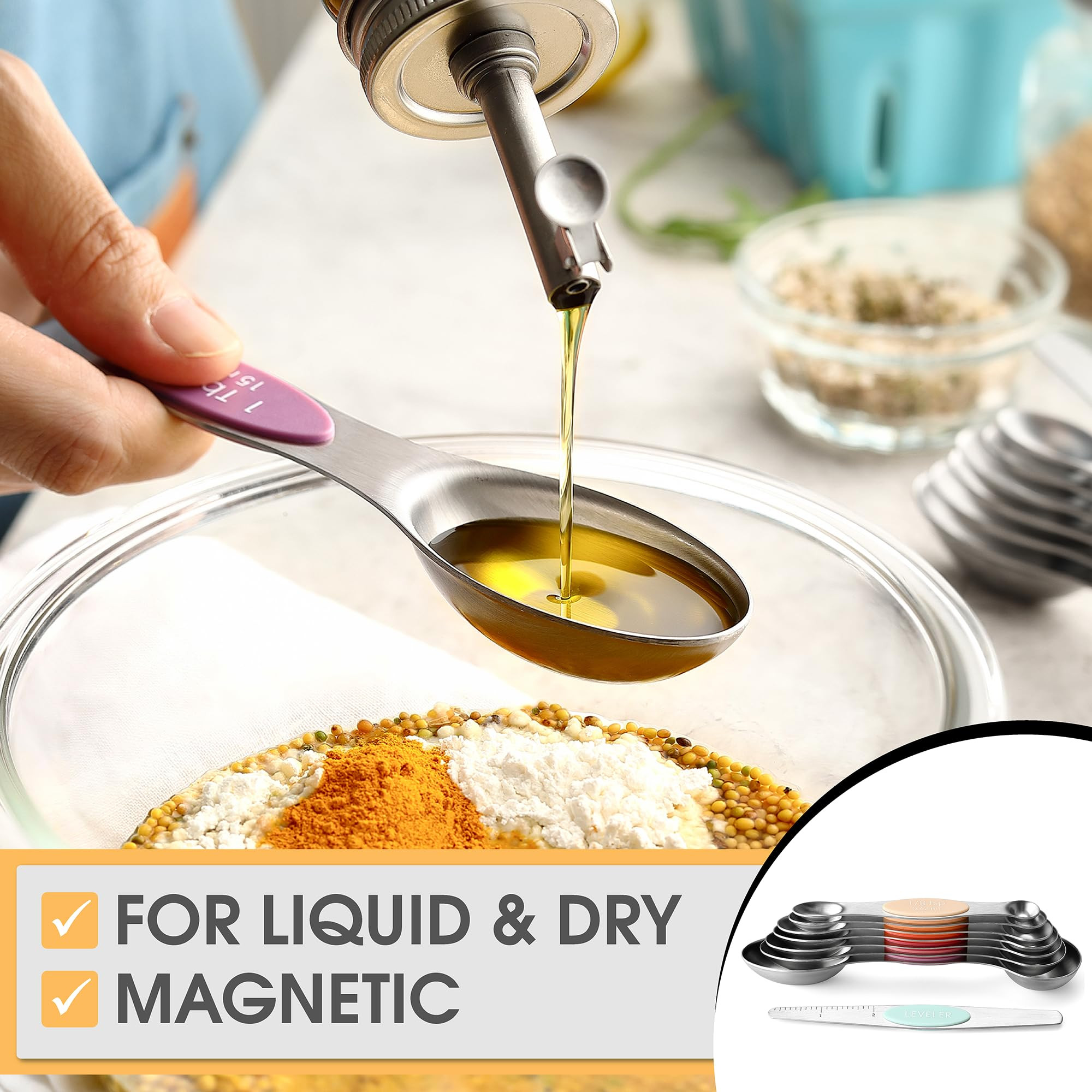 Spring Chef Stainless Steel Magnetic Measuring Spoons Set of 8 with Leveler, Dual Sided Metal Tea... | Amazon (US)