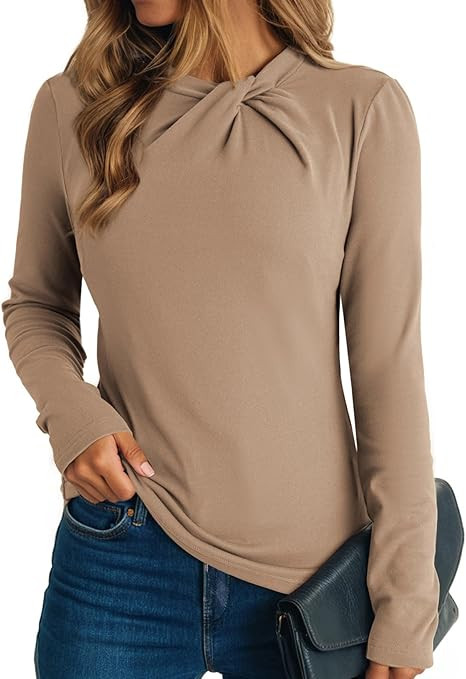Dokotoo Womens Tops Business Casual Outfits Long Sleeve Shirts Mock Neck Twist Knot Slim Fit Soft... | Amazon (US)